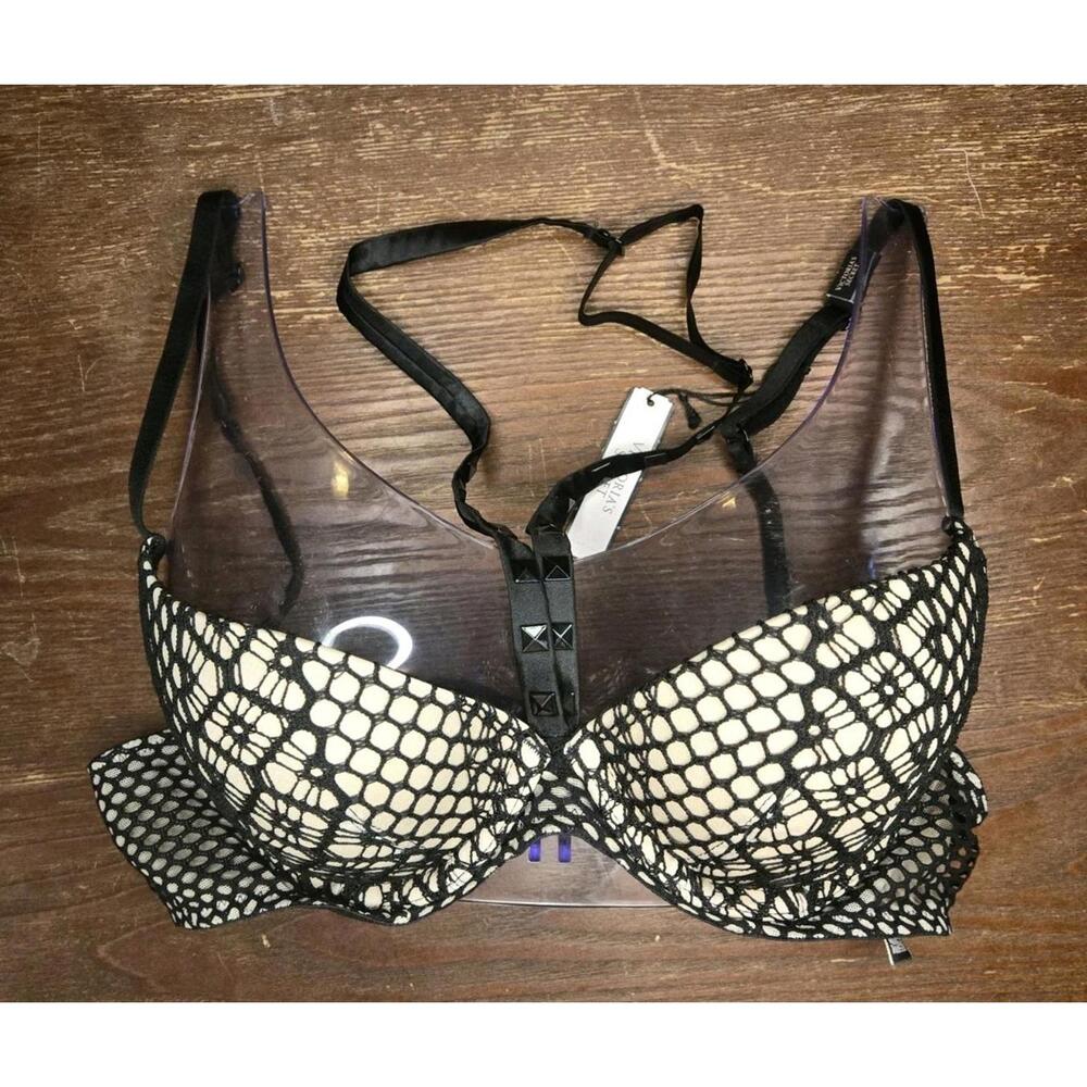 Victoria's Secret Black And Beige  Lightly Lined Plunge  Studded Neck Strap 34B